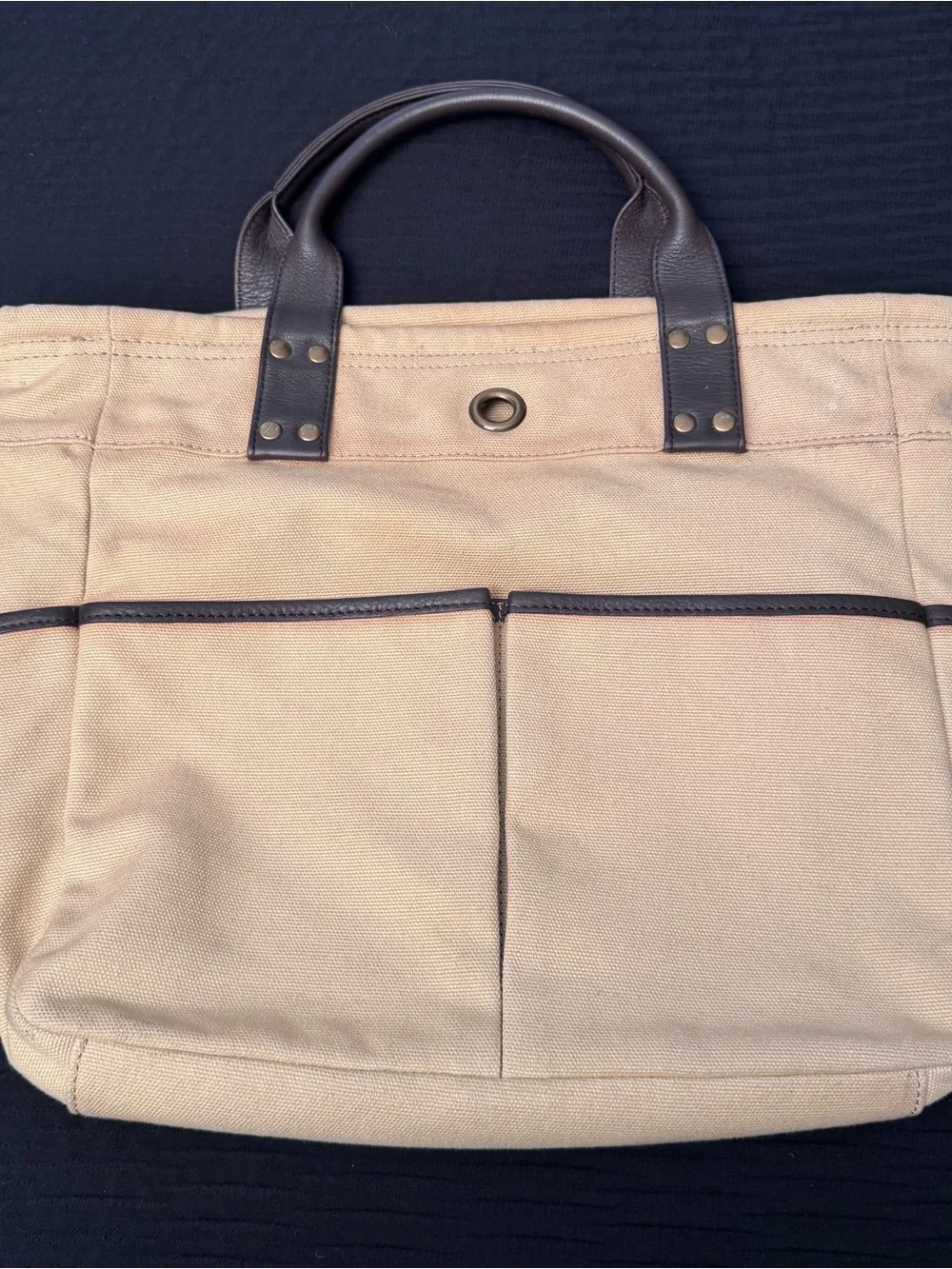 Levenger Canvas Tan and Brown Purse Tote Bag 12” x 16” Zipper Pocket inside